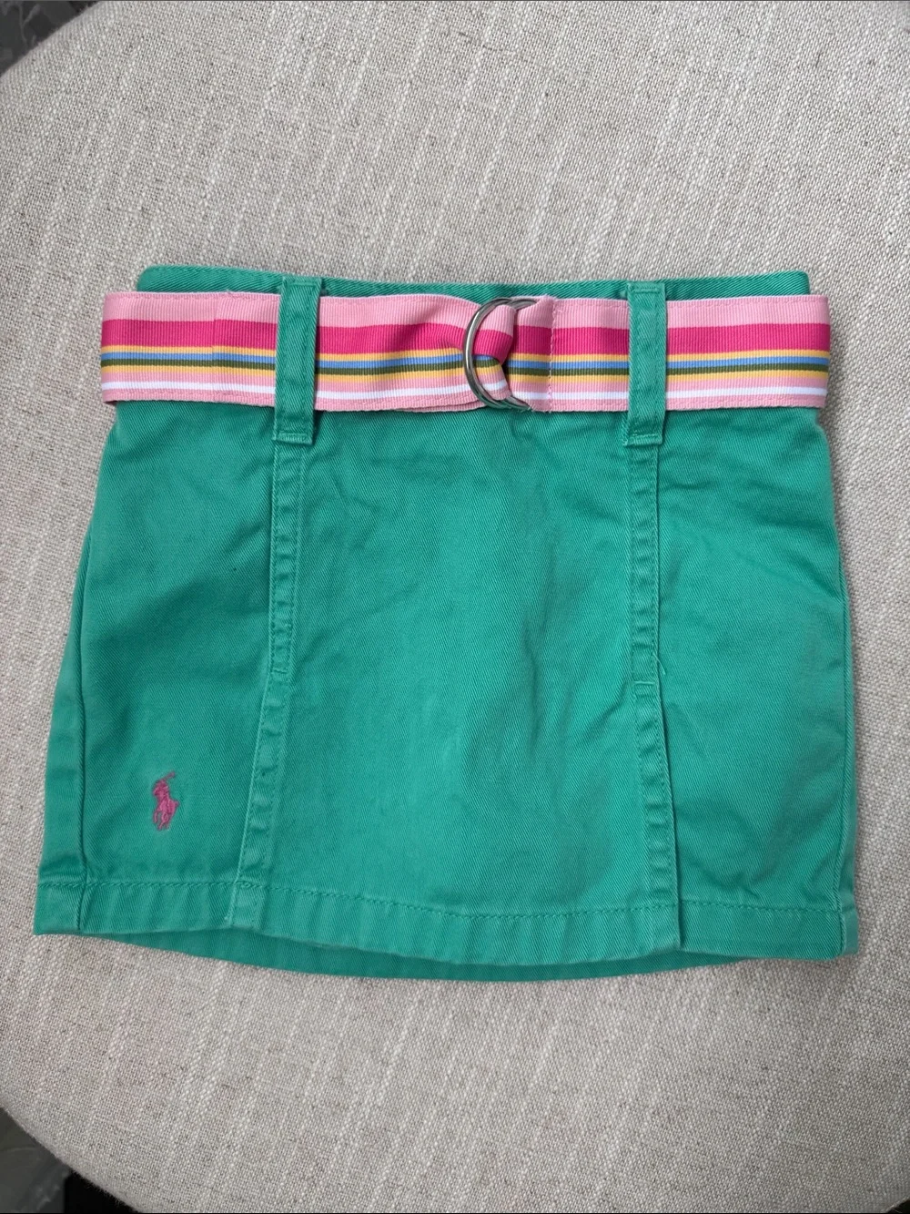 Ralph Lauren Green Toddler Knit Skort with Pink Striped Belt - 12 months